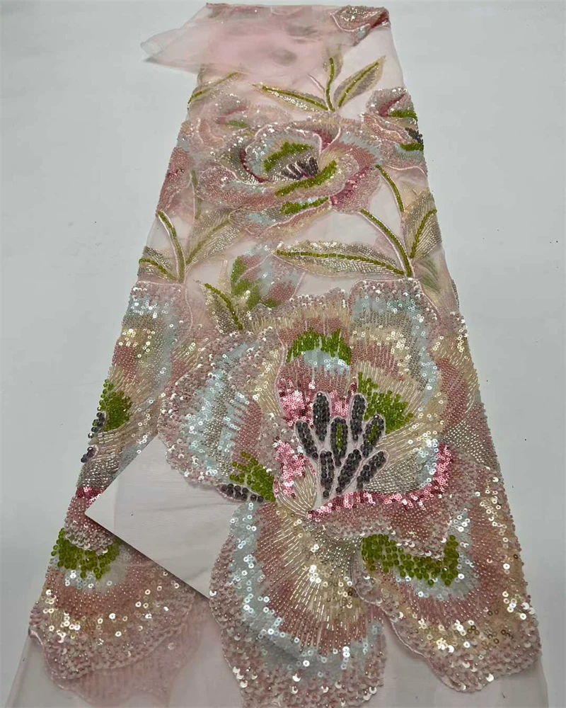 

Элитная африканская ткань с тяжелыми бусинами и кружевом, 2026, высокое качество, 5 ярдов, нигерийская ткань с пайетками, французский тюль для свадебных торжеств