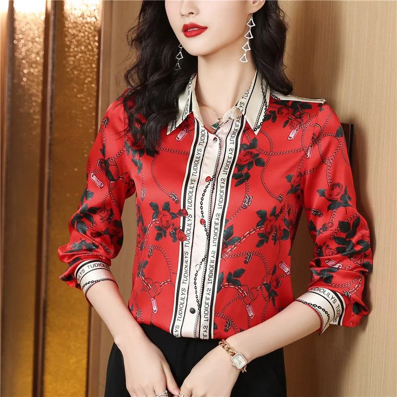 Women Chic Red Printed French Vintage Loose Shirts Lady Elegant Dignified Fashion Long Sleeve Blouse Spring Striped Flower Tops