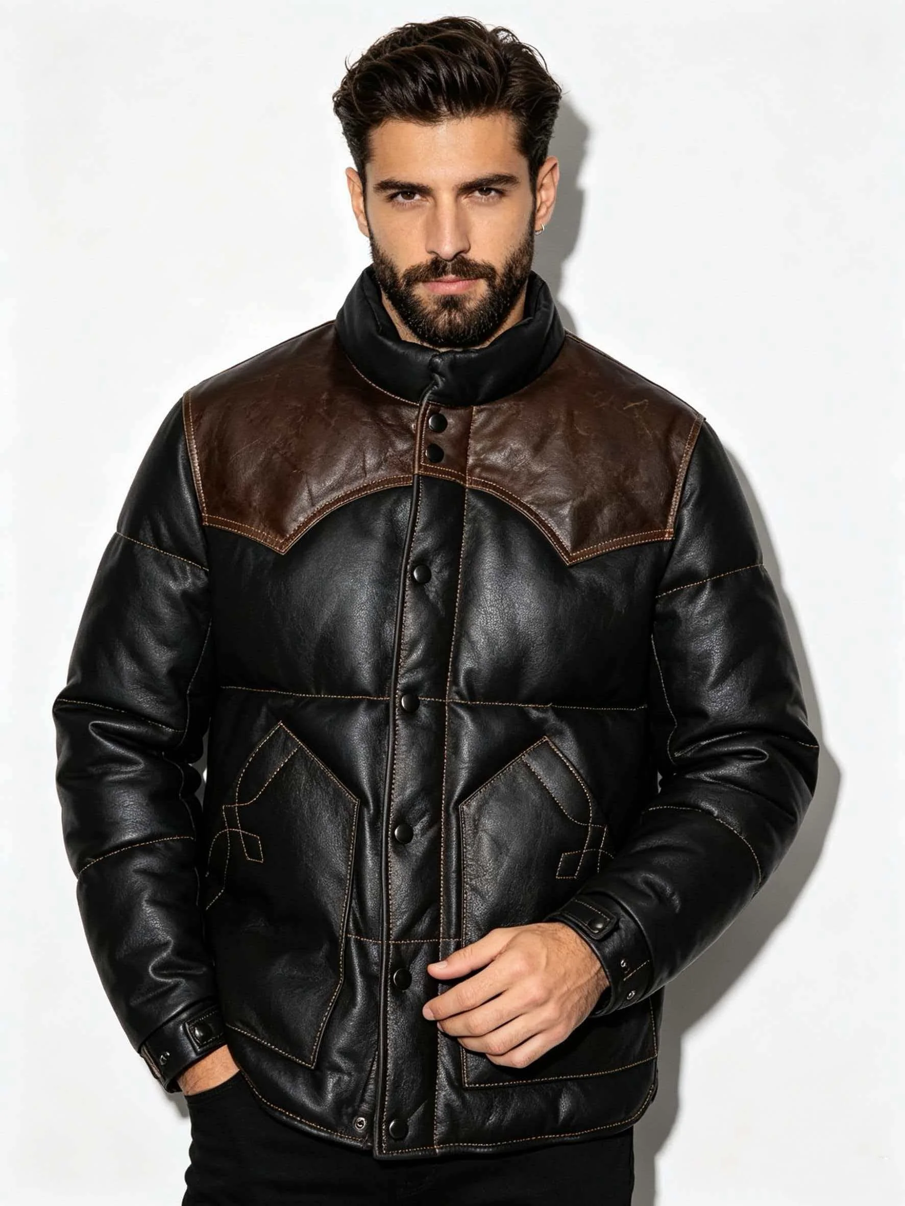 Black Brown Winter Leather Jacket Men Retro Style Plus Size 5XL Genuine Natural Cowhide Stand Collar Warm Spliced Down Coat