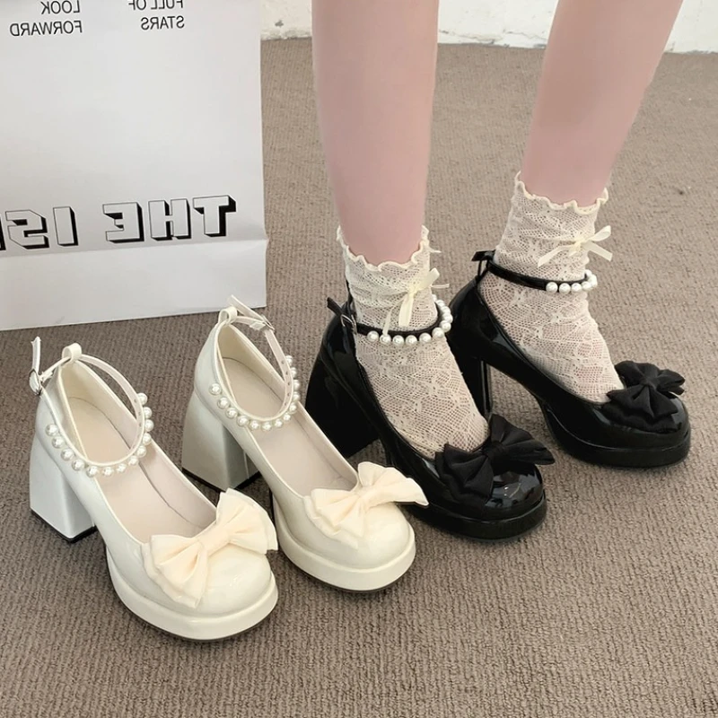 Patent Leather Platform Women Mary Jane Shoes Bow Pearl Ankle Strap Chunky Heel Shoes Comfort Wedding Daily Party Dress Footwear