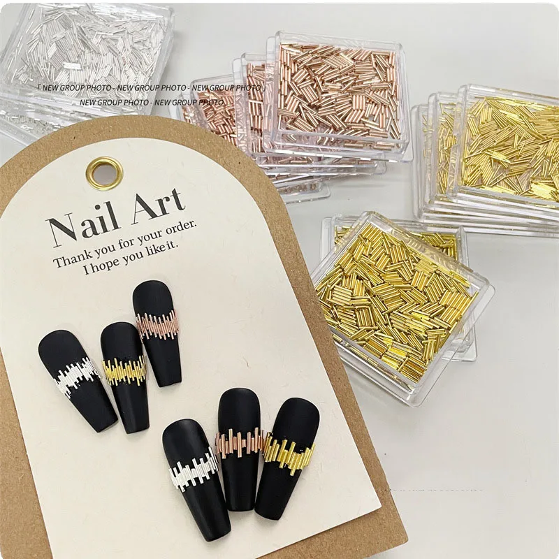 

1 Box Nail Rivet Charm 3D Nail Art Decoration Straight Rods Nail Art Gold Rose Gold Rivet Alloy Metal Studs Charms Rhinestones