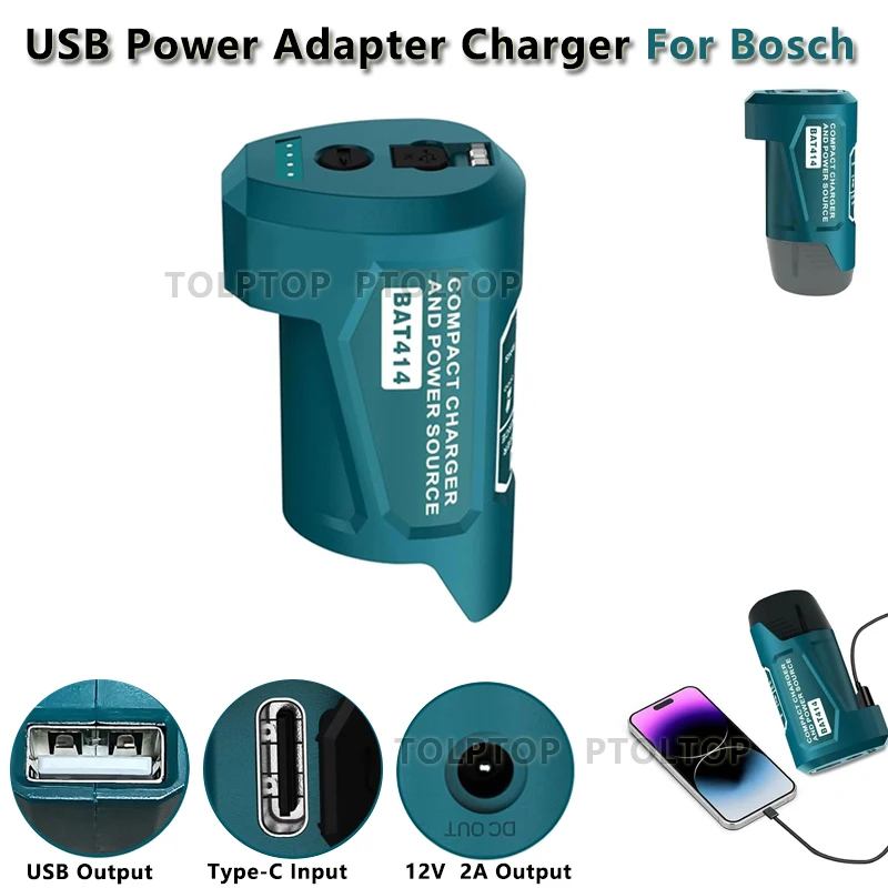 NEW USB Power Adapter Charger For Bosch 10.8V/12V Li-ion Battery USB Device Mobile phone Power Supply with USB & Type C DC Port