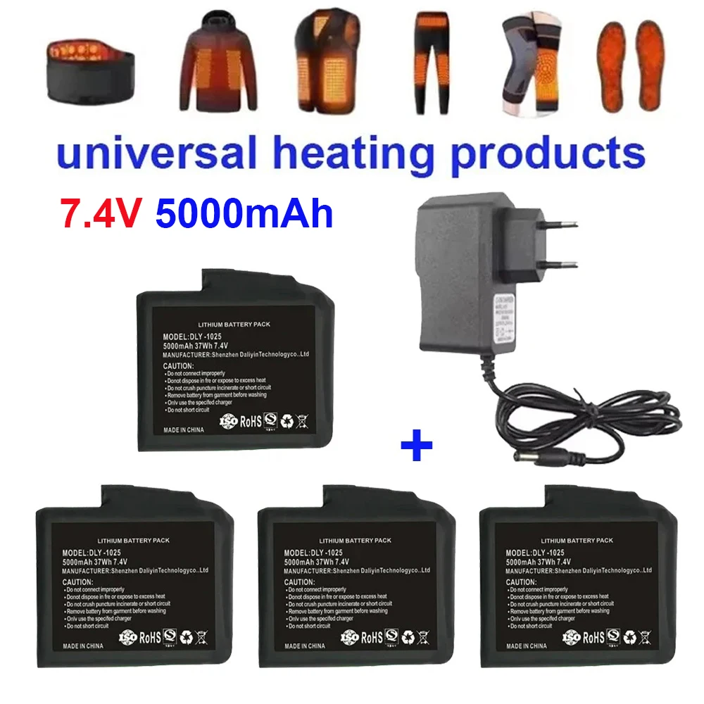 1-10PCS Heated Gloves Battery 7.4V 5000mah Lithium Polymer Battery for Heating Vest, Socks, Winter Antifreeze Saver Heat Battery