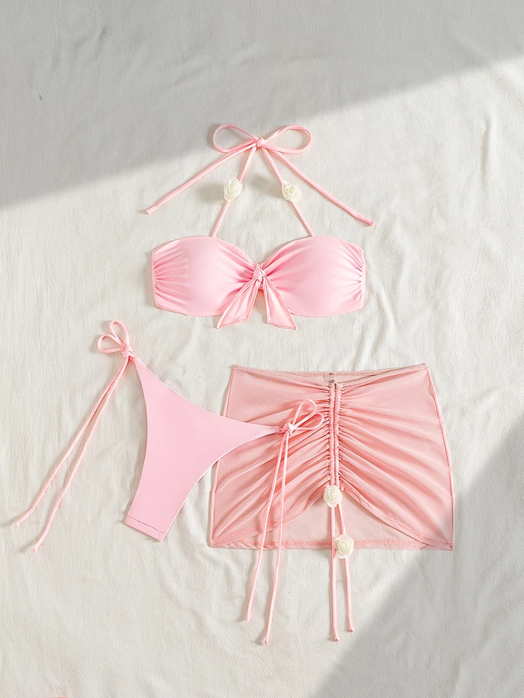 3D Floral Swimwear Women Bikinis Set Sexy Three-pieces Skirt Swimsuit Beach Bathing Suit Pleated Brazilian Bikini Set New