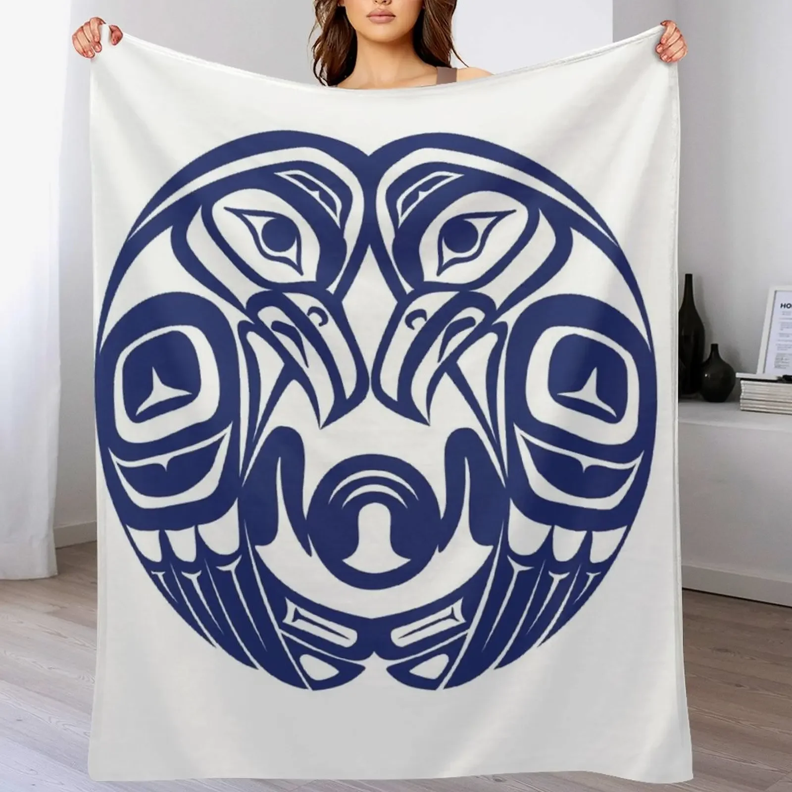 Double raven circle pacific northwest formline salish haida eagle moon Throw Blanket Shaggy heavy to sleep Blankets