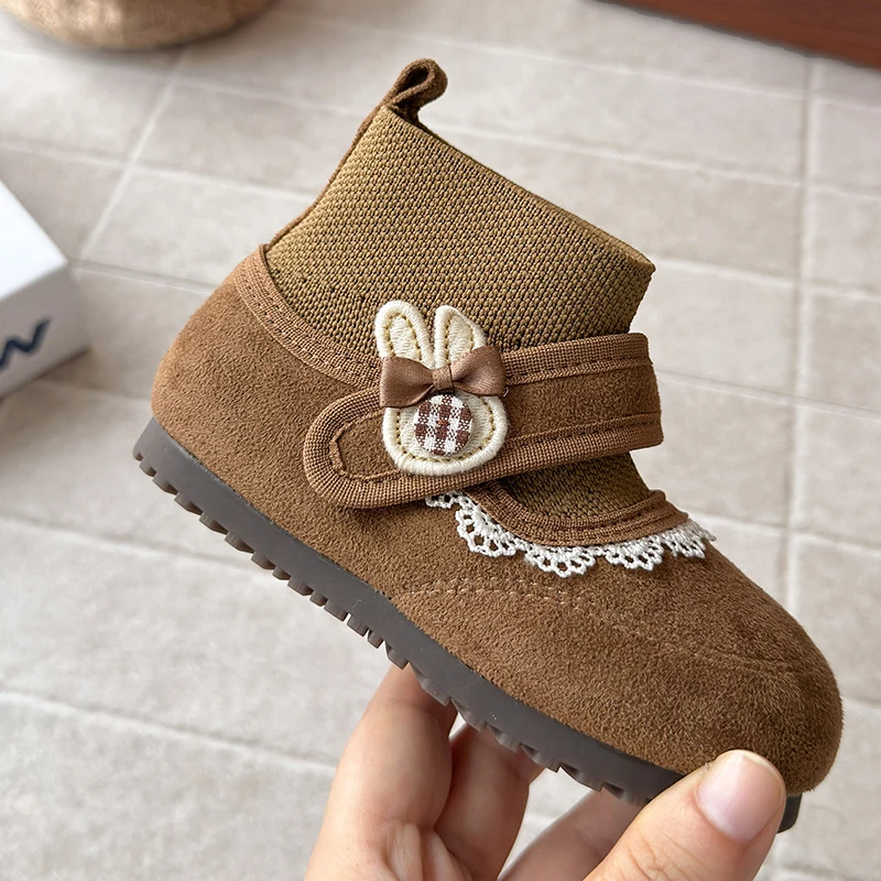 여아 레이스 앵클 부츠 2025 가을 여아 소프트 솔 미끄럼 방지 메리 제인 공주 신발 아기 양말 부츠 귀여운 어린이 숏 부츠