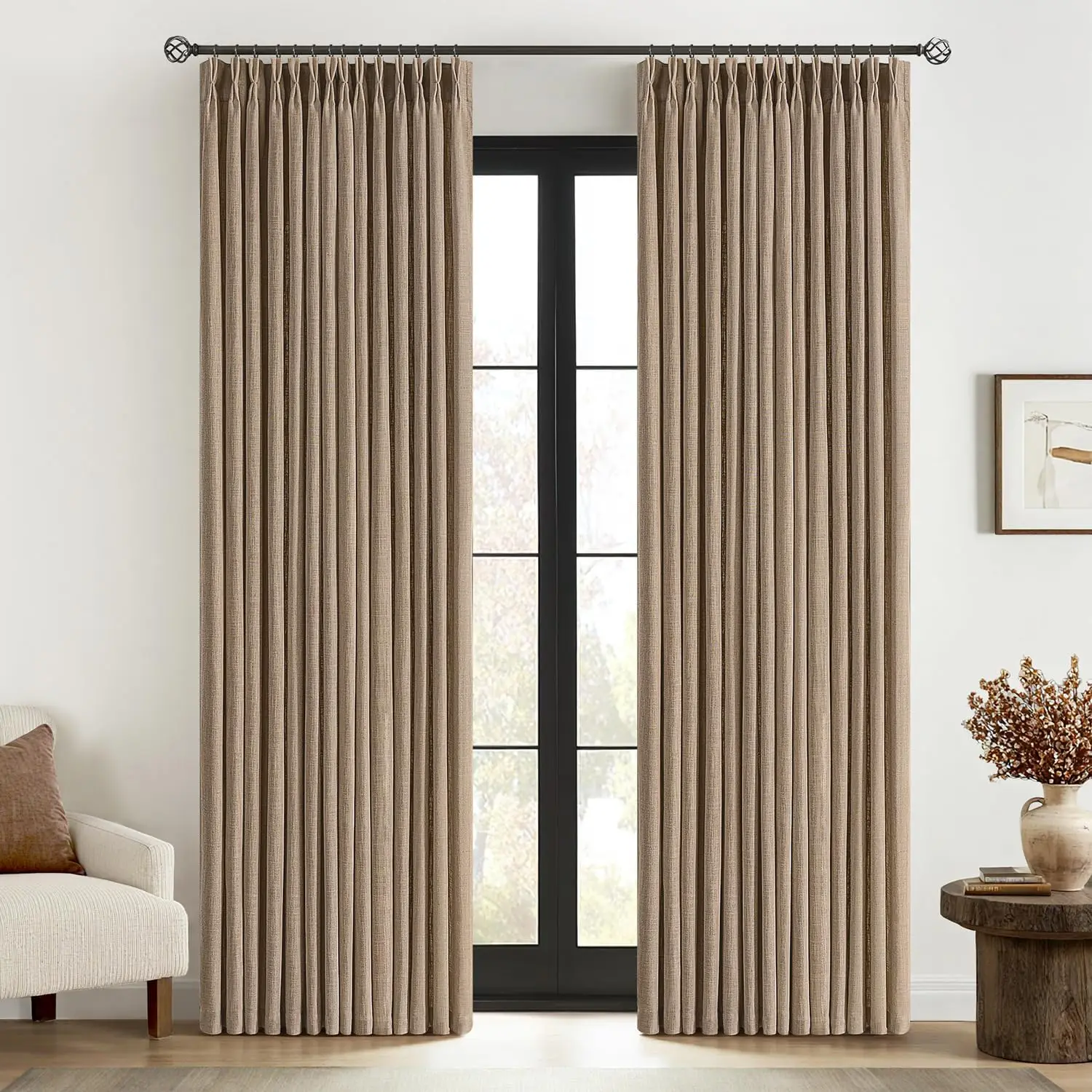 

Pinch Pleated Thick Linen Curtains 96 Inches Long 2 Panels for Living Room Bedroom, Linen Memory Trained Drapes Back Tab