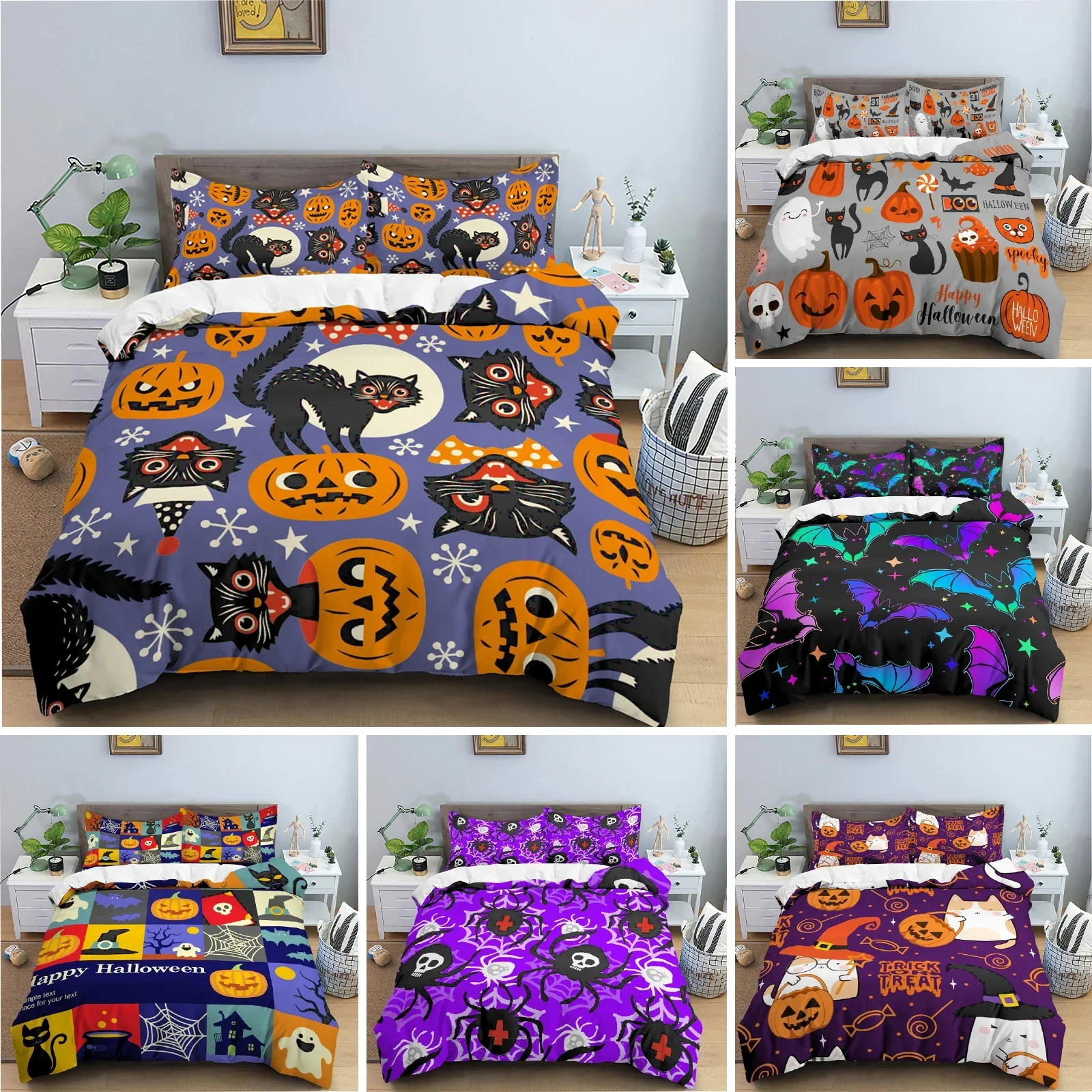 

3D Skull Bedding Set Halloween Bats Duvet Cover Skull Polyester Comforter Cover Set Double King Queen Kids Polyester Quilt Cover