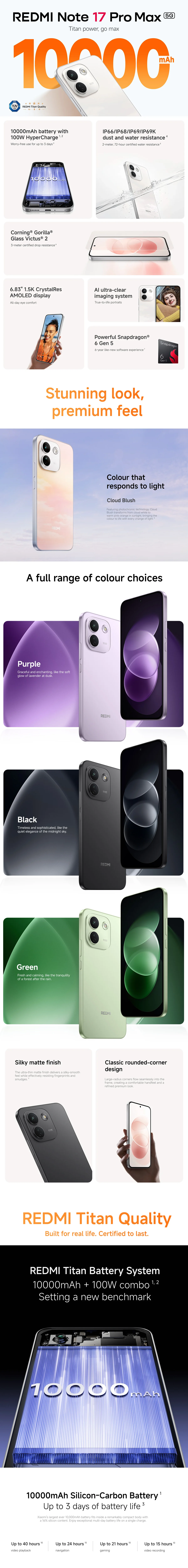 Xiaomi Redmi Note 17 Pro Max 5G Global Version, 6.83-inch AMOLED 120Hz Display, 9210mAh Battery, 100W HyperCharge, IP66/IP68 Waterproof, Corning Gorilla Glass Victus 2, Snapdragon 6 Gen 5, 50MP AI Camera, 5G Smartphone