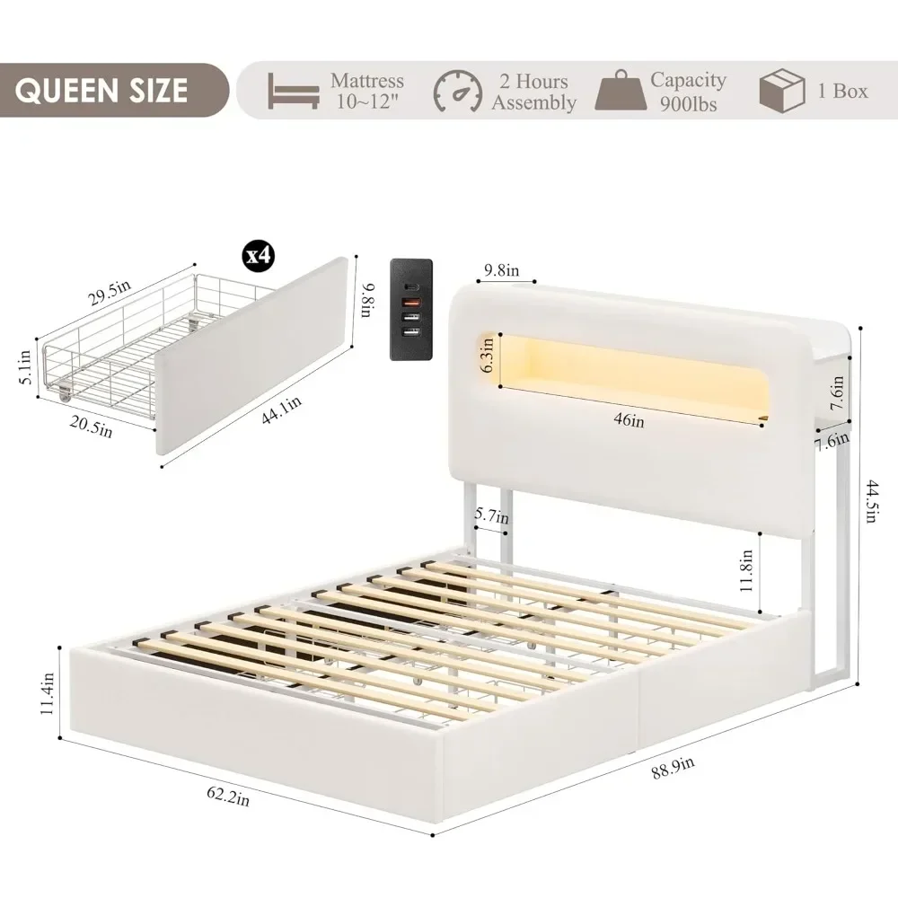 LED Queen Bed Frame with Storage Headboard & Charging Station 4 Drawers and USB Ports No Box Spring Needed Velvet Bed Frame