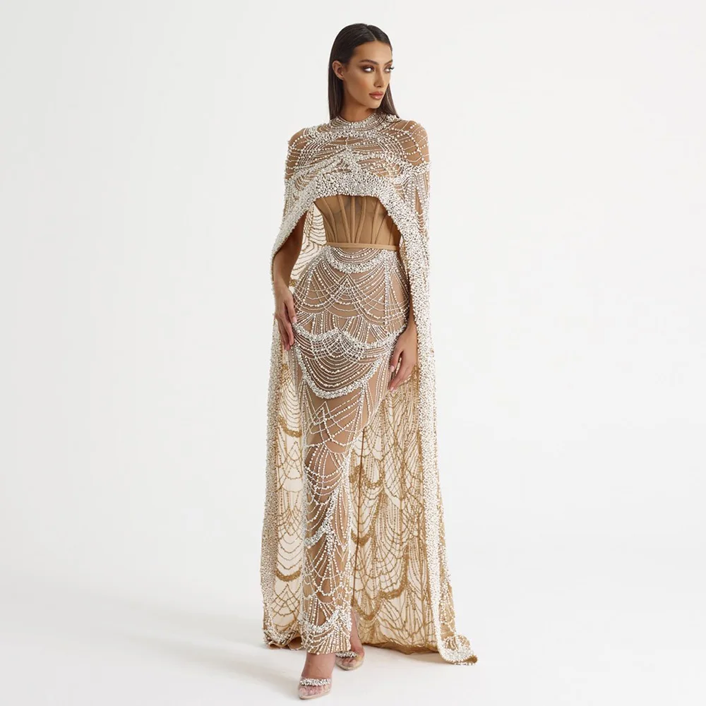 New Arabic Women Floor length Mermaid Wedding Party Prom Dress Luxury Pearls Dubai Champagne Evening Dresses with Cape Sleeves