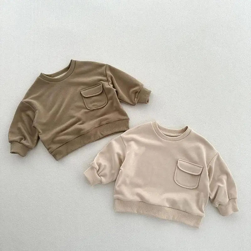 

2025 Autumn New Children Long Sleeve Sweatshirt Solid Boys Girls Cotton Loose Pullover Kids Casual Pocket Tops Baby Clothes