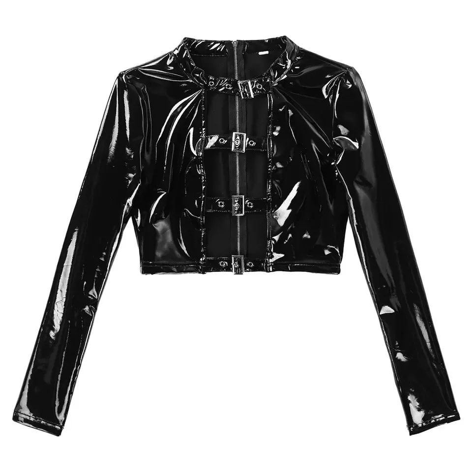 Wet Look Patent Leather Coat Long Sleeve Buckle Crop Top Women Gothic Club Party Costume