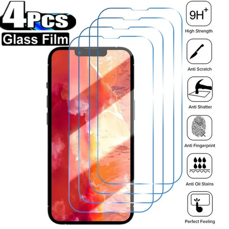 4PCS Protective Glass For iPhone 14 13 12 11 15 Pro Max Mini Screen Protector for iPhone 15 14 Plus X XR XS Max 15  Glass