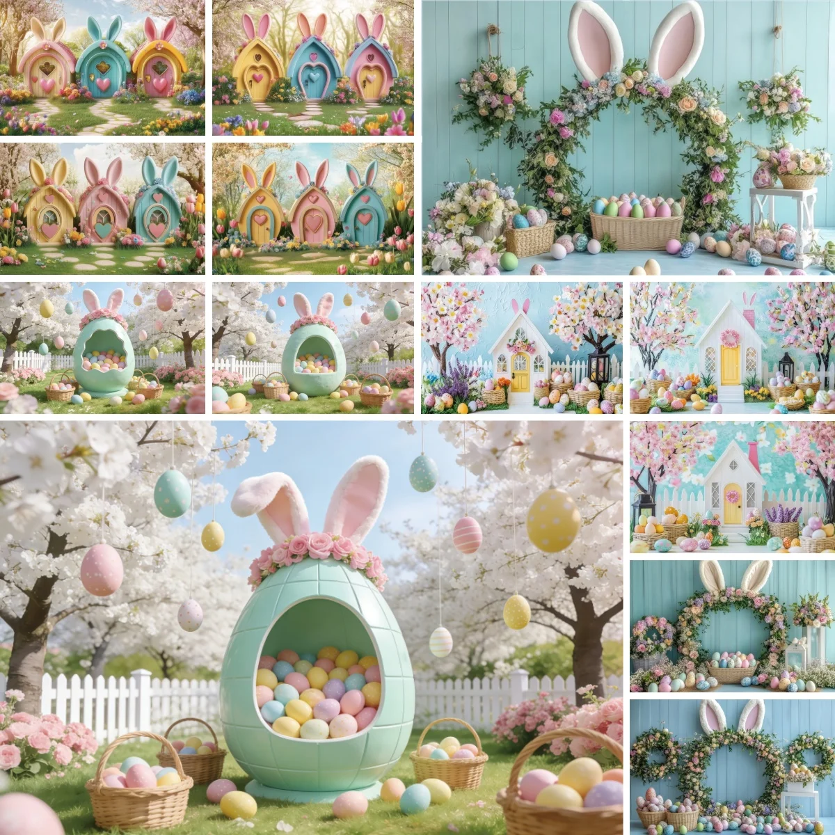 2026 Spring Easter Photography Backdrop Grass Field Cute Rabbit Cabin Flowers Eggs Family Girls Baby Portrait Photo Background