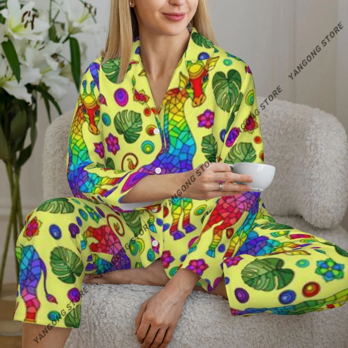 Spring and Autumn Pajama Set Women's Long Sleeve Pants Two Piece Giraffs Rainbow Animals Flowers And Leaves Home Furnishing Set
