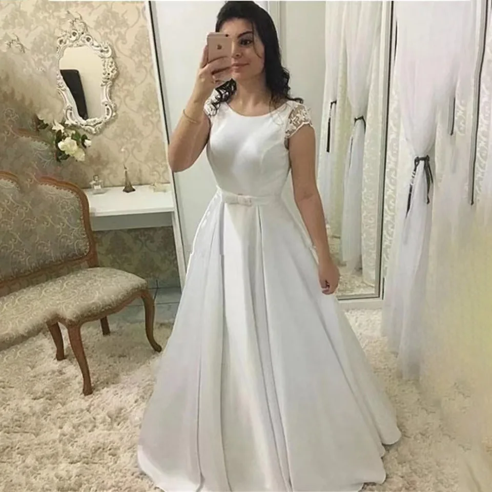 Customized Simple Plus Size White A Line Wedding Dresses Lace Cap Sleeve Scoop Neck Satin Bridal Wedding Gowns Sweep Train