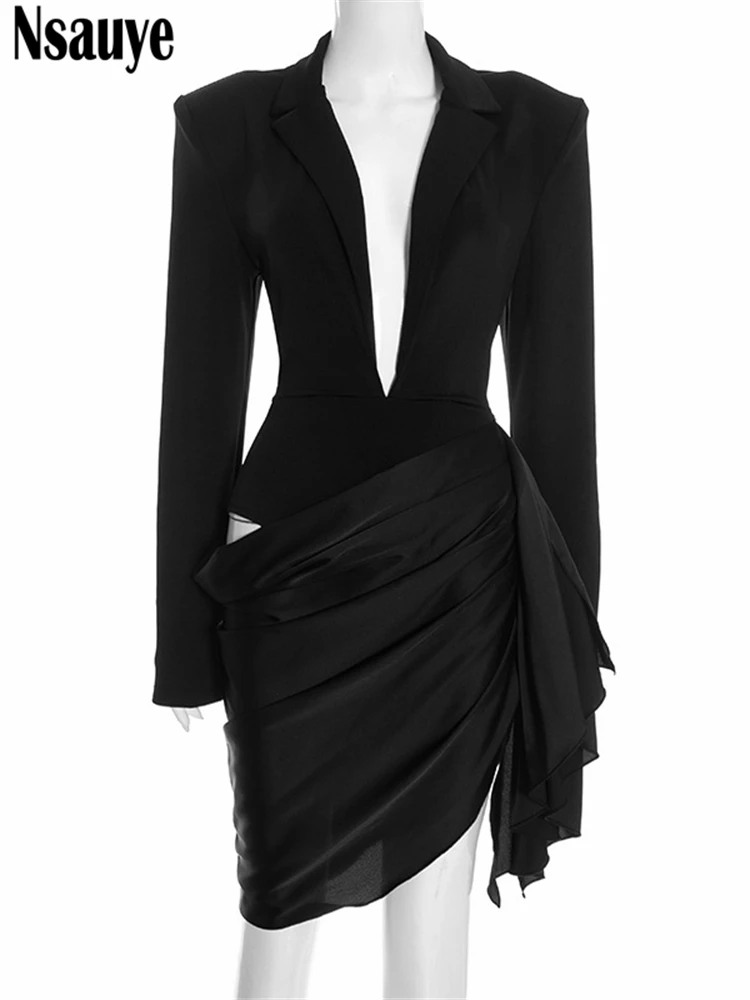 Nsauye New Fashion Evening Party Breve Elegante Blazer da donna Abito a maniche lunghe Sexy Night Club Mini abito avvolgente increspato in raso 2025