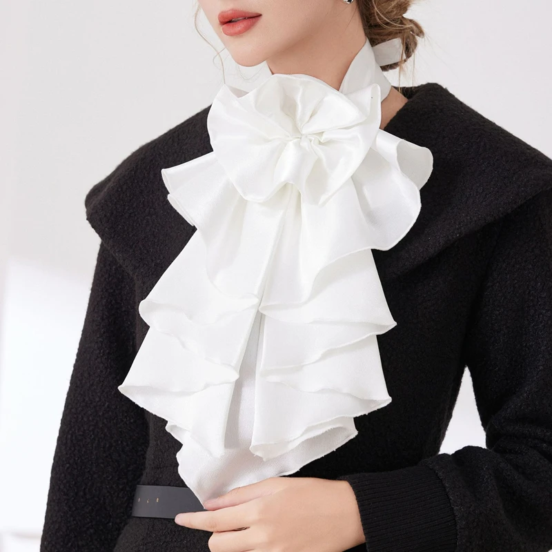 قميص أنيق متعدد الطبقات مكشكش مزخرف بياقة وهمية وغطاء للرقبة قابل للفصل وربطة عنق فستان إكسسوار زي #4