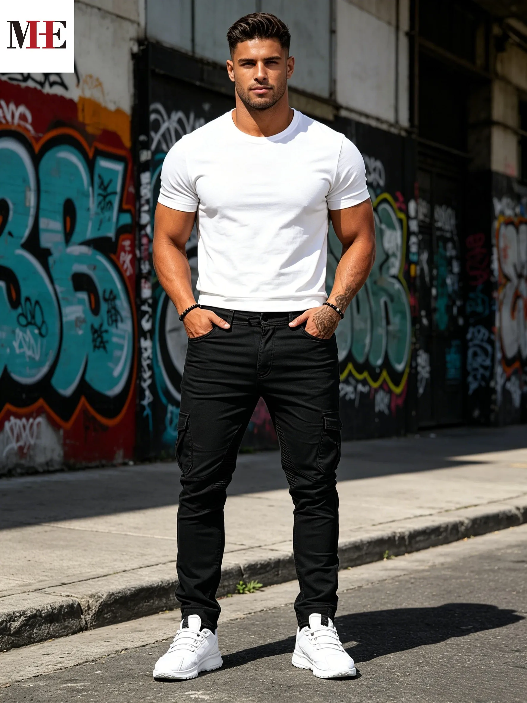 HME Daily Urban Denim Pants, Solid Black Long Denim Pants Featuring Biker Knee Stitching & Adjustable Drawstring Waistband