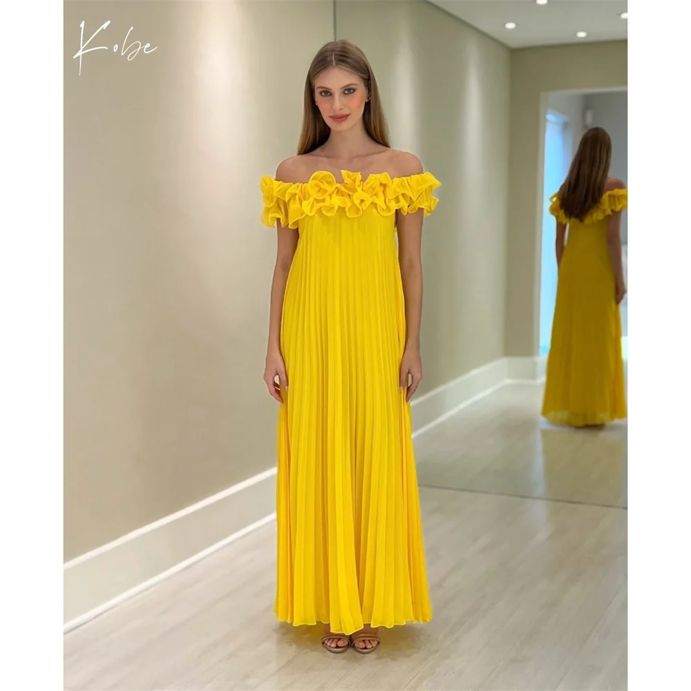 

Kobe Yellow 3D Flowers Off Shoulder Prom Dresses Pleated Customized فساتين سهرات Ankle-Length vestido de gala noche mujer