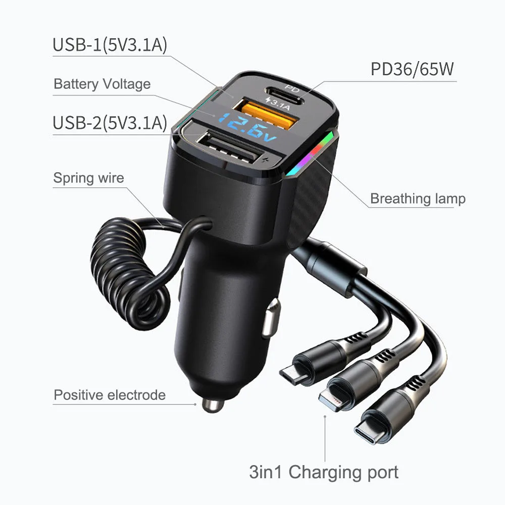 Display digitale Accendisigari per auto retrattile 3 in 1 Caricatore per auto USB Adattatore per caricabatterie USB Ricarica rapida USB per auto QC3.0 Tipo C