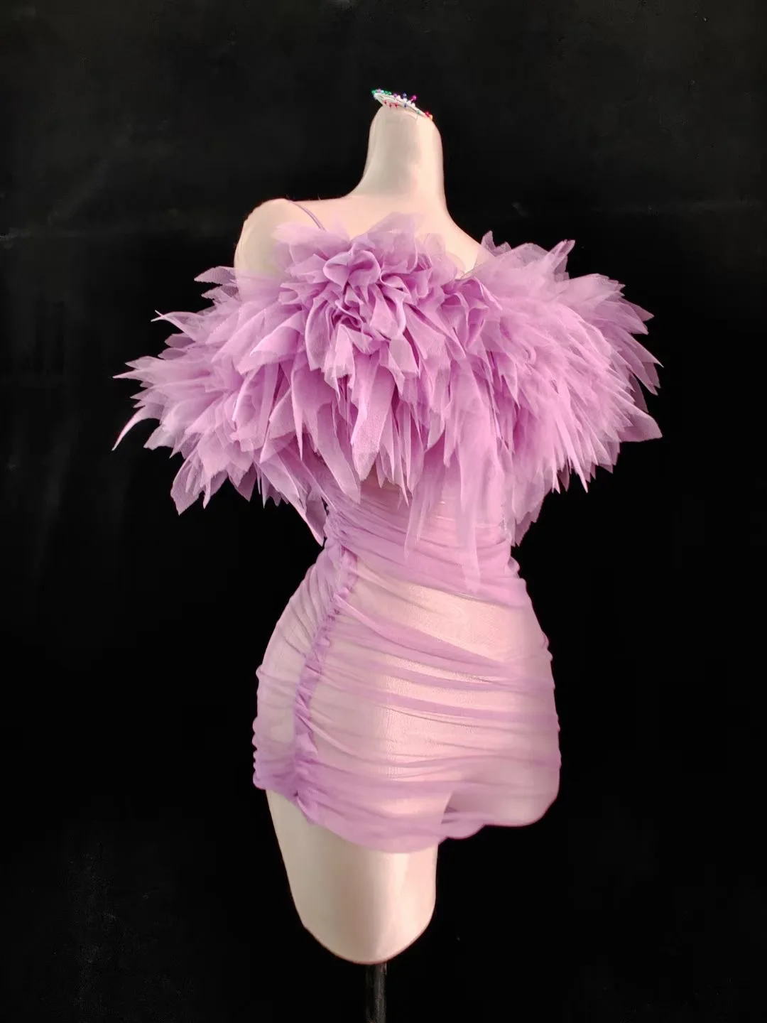 Robe en gaze rose asymétrique Sexy avec gants pour femmes, vêtements de soirée de célébrité, Costumes de Concert de chanteur, vêtements de modèle