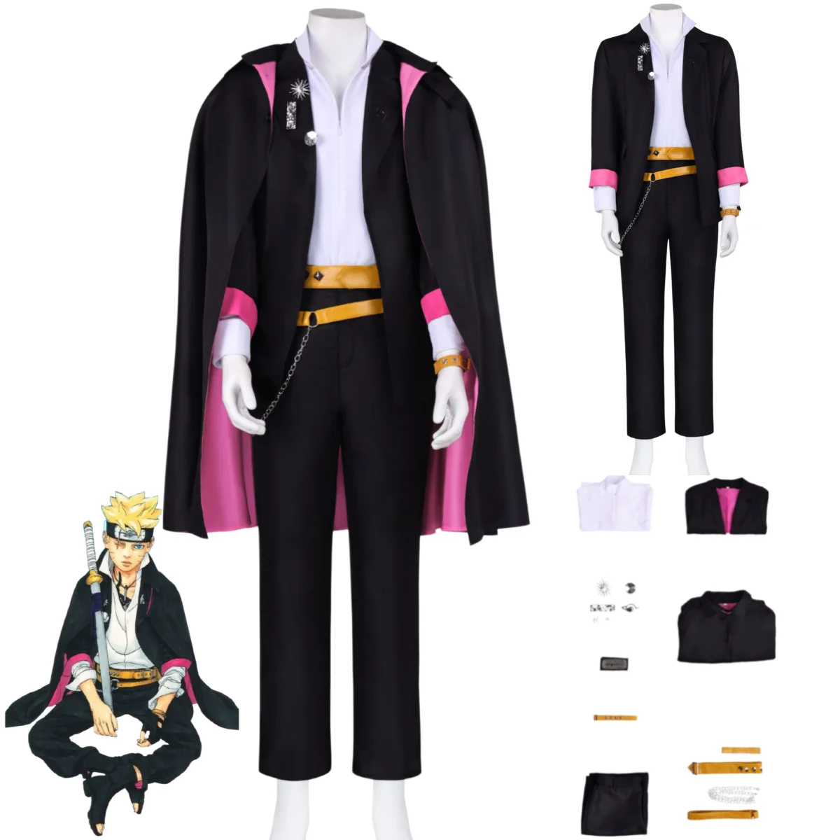 

Anime Uzumaki Boruto Cosplay Costume Black Cloak Coat Uniform Accessories Full Set Wig Adult Man Halloween Party Suit