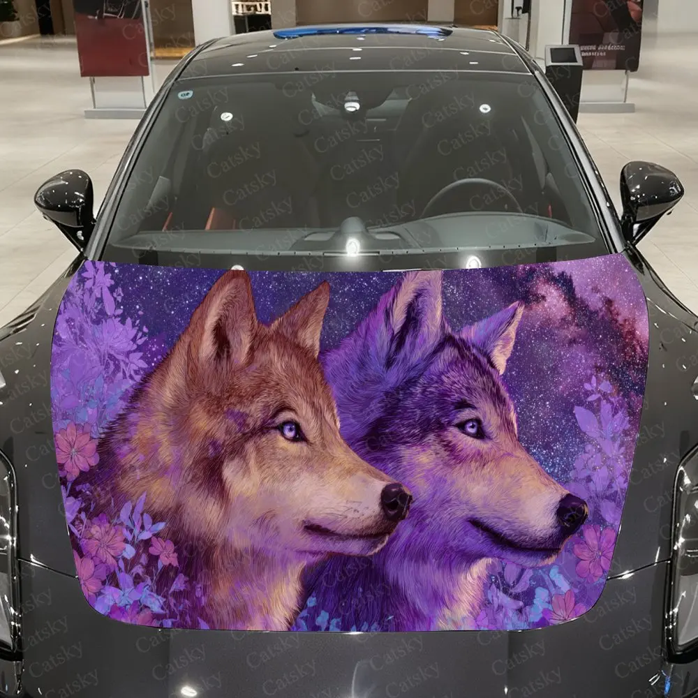 

Two Wolfs in Flowers PVC Car Hood Wraps, Self-Adhesive Waterproof Car Bonnet Decal Sticker, Car Decoration Protection Stickers f
