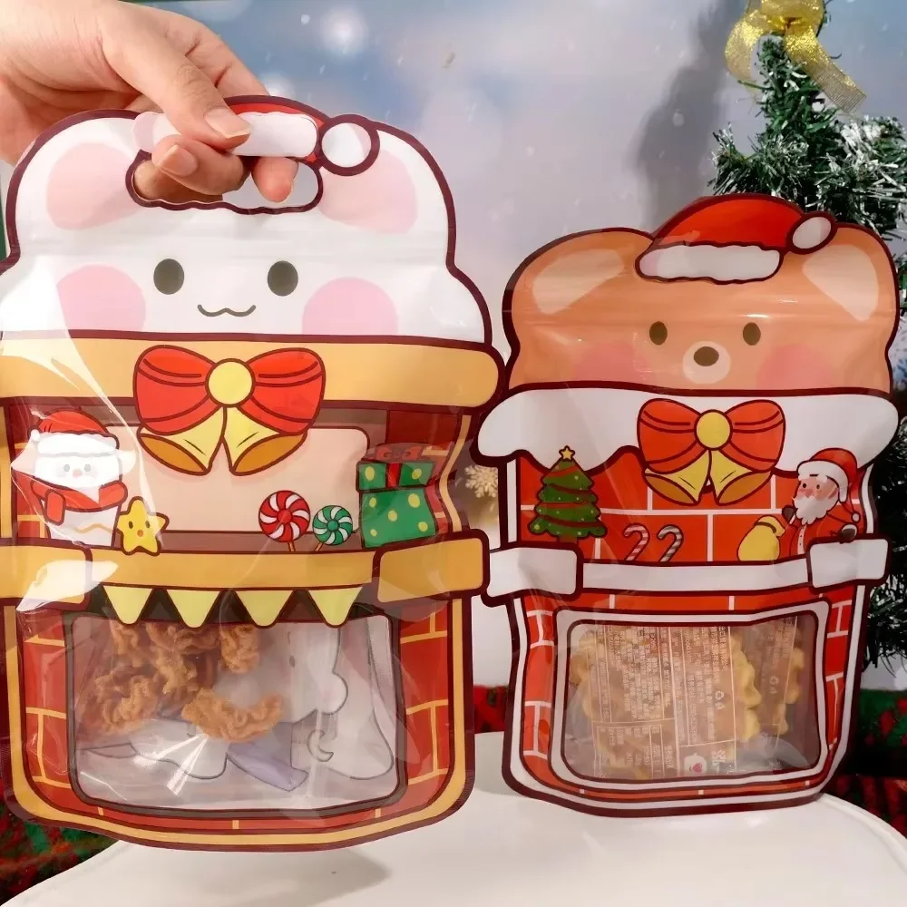 12/1PCS Cute Rabbit Bear Self-sealing Bag Christmas Cartoon Snack Gift Bags Plastic Candy Biscuit Storage Handbag Party Decor