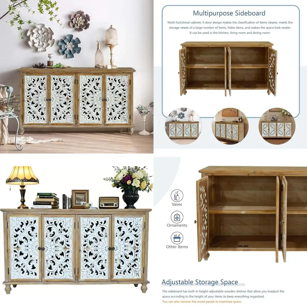 Credenza vintage in stile country francese, buffet scolpito cavo intagliato in fattoria, credenza in accento per soggiorno