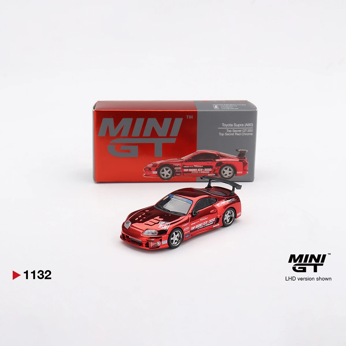 Auf Lager, Versandbereit: MiniGT 1132 1:64 Toyota Supra MK4 Top Secret GT-300 Chrom-Rot LHD Druckguss-Modellauto – Detail 8