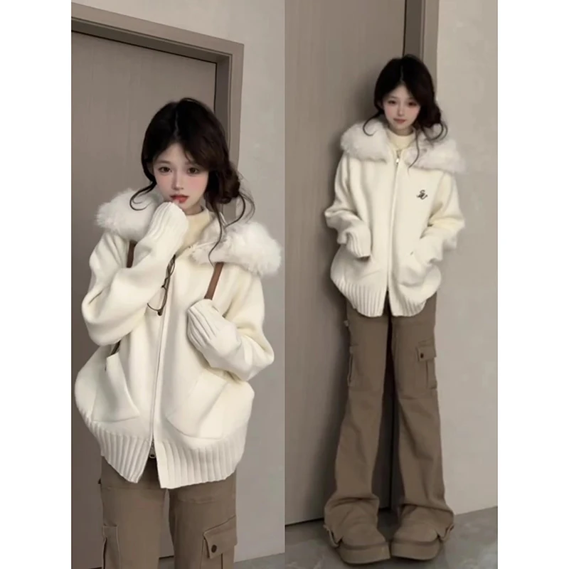 

YIBASHU American Retro Hooded Sweater with Fur Collar and Knitted Sweater Women Autumn Winter Casual Loose White Cardigan Sweate