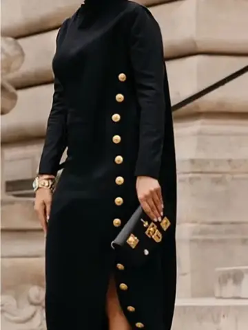 Lemongor Urban Female Autumn Shawl Collar Evening Maxi Dresses 2025 New Fashion Buttoned Split-Side Long Sleeves Office Dress