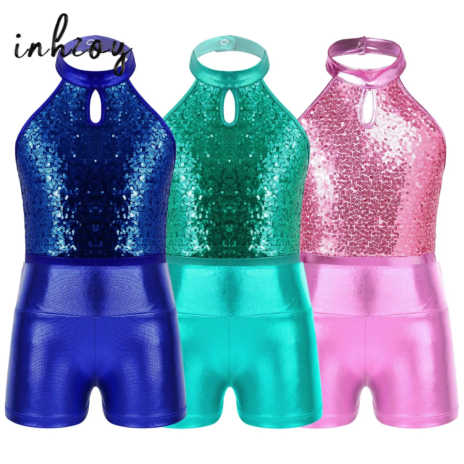 

Sequin Sleeveless Ballet Dance Outfits Kids Girls Rhythmic Gymnastics Leotards Jumpsuit with Shorts Set Figure Skating Dancewear