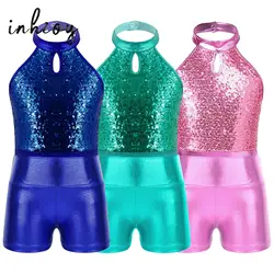 Sequin Sleeveless Ballet Dance Outfits Kids Girls Rhythmic Gymnastics Leotards Jumpsuit with Shorts Set Figure Skating Dancewear