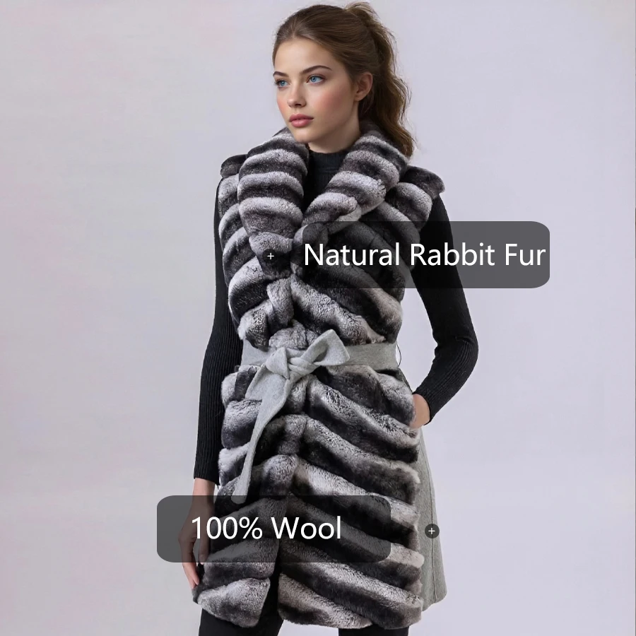 レディース レックスラビットファー ベスト ノースリーブ ロング カシミヤウールベスト 襟付き チンチラファーコート 新入荷 本物の毛皮コート