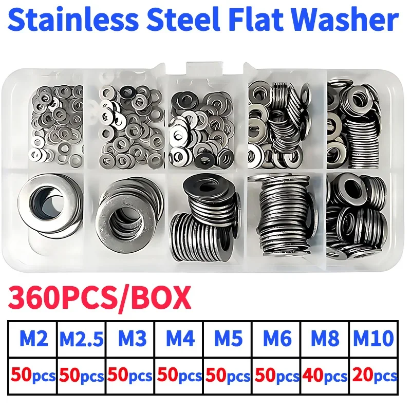 

360pcs/Box Stainless Steel Flat Washer Plain Washer Flat Gasket Rings Assortment Kit for Sump Plugs M2 M2.5 M3 M4 M5 M6 M8 M10