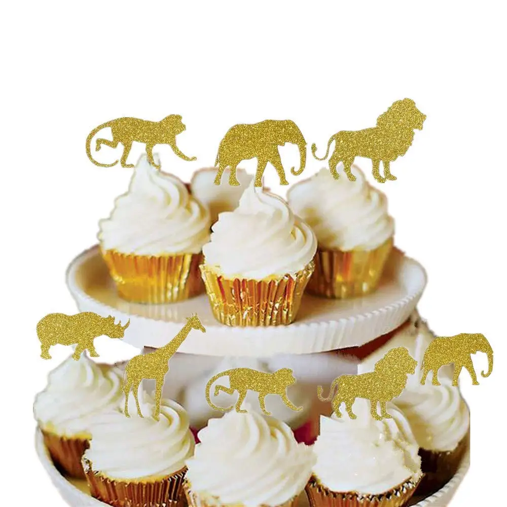 30PCS Gold Glitter Dschungel Safari Tier Cupcake Topper Picks Tiere Kuchen Dekorationen für Tier Baby Duschen Geburtstag Party