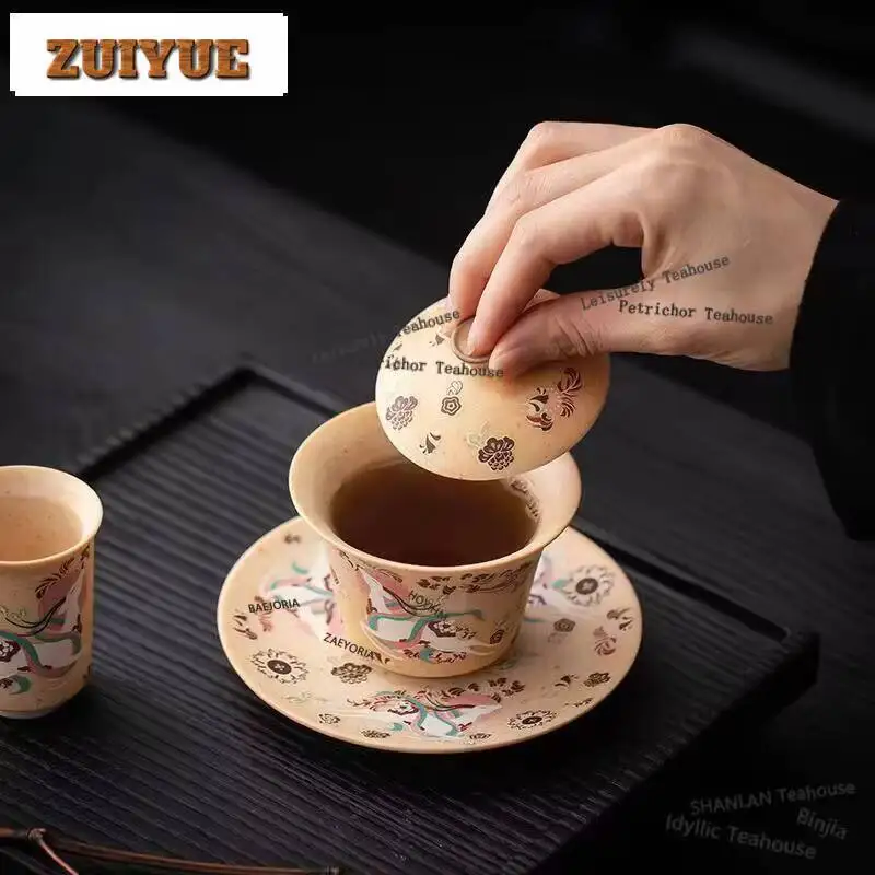 140ml Creative Dunhuang Apsaras Deer Gaiwan Chinese Three Talent Tea Tureen Aesthetic Tea Brewing Cover Bowl Teaware Decoration