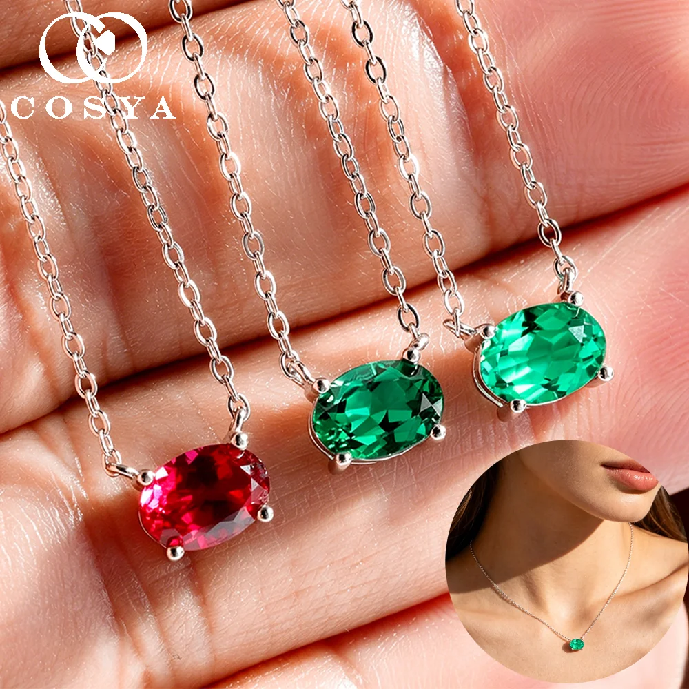

COSYA 1-2CT Oval Solitaire Lab Colombian/Zambian Emerald Necklaces For Women S925 Silver With Moissanite Fine Jewelry Gifts
