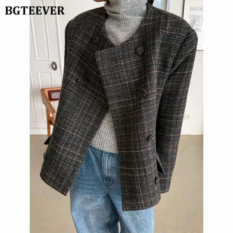 

BGTEEVER винтажные теплые свободные двубортные клетчатые пальто для женщин, осенне-зимние женские шерстяные куртки с длинными рукавами
