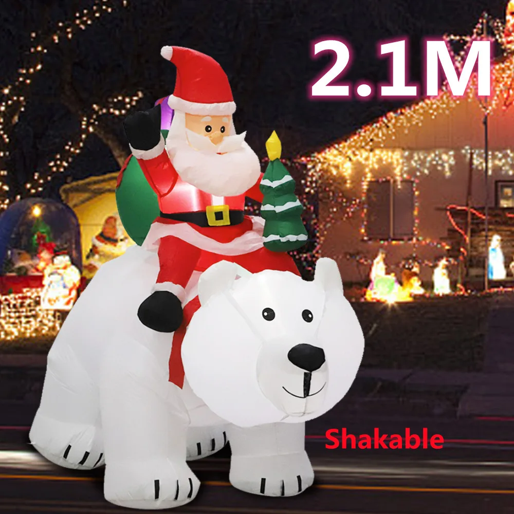 2.1M Christmas Inflatable Santa Claus Riding Polar Bear with LED Inflatable Toy Indoor Outdoor Garden Ornament Xmas Decoration