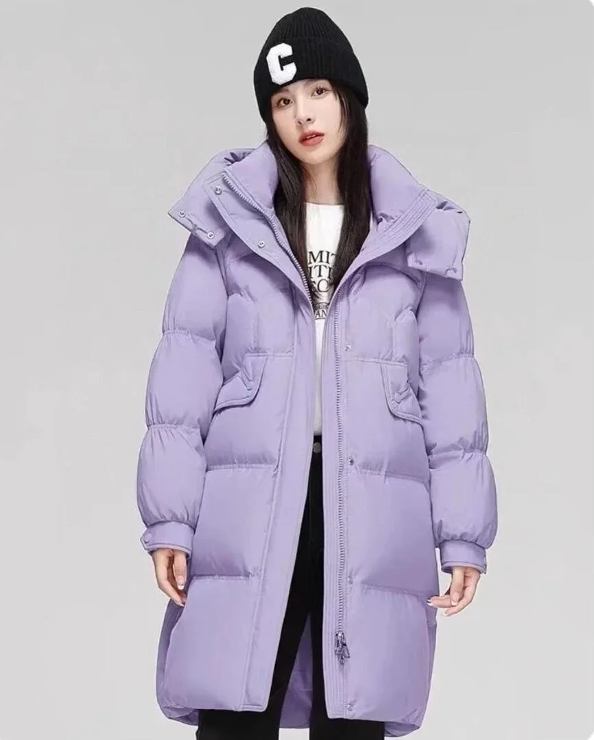 Chaqueta de plumón de invierno para mujer, abrigo liso a la moda con cuello levantado, chaquetas elegantes con capucha para mujer, Parka cálida 2024