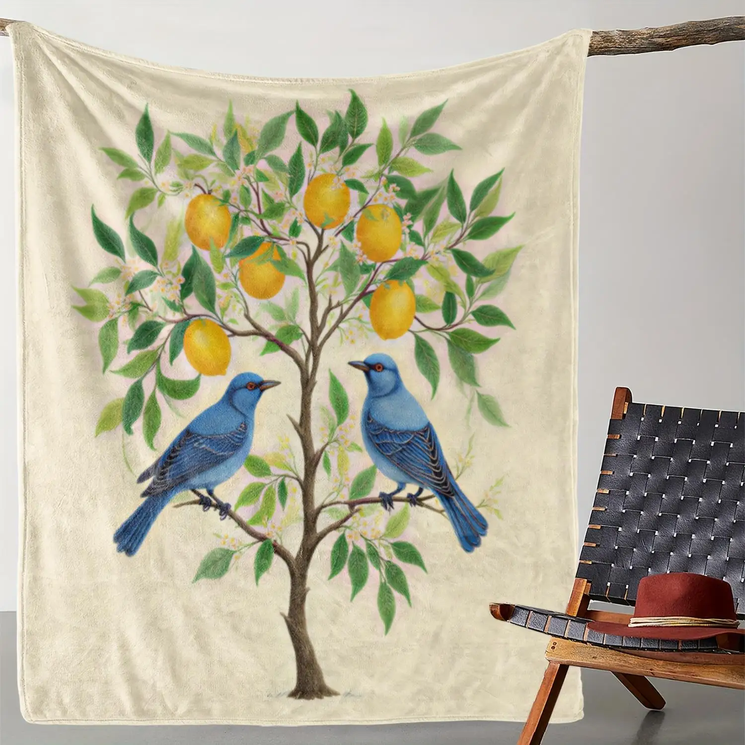 Lemon tree and bluebird pattern Flannel printed blanket suitable for all seasons suitable for living room office sofa and travel