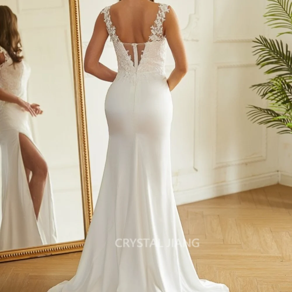 Classy Long V Neck Charmeuse Wedding Dresses Sleeveless with Slit Sheath Sweep Train Vestido Feminino Bridal Gowns