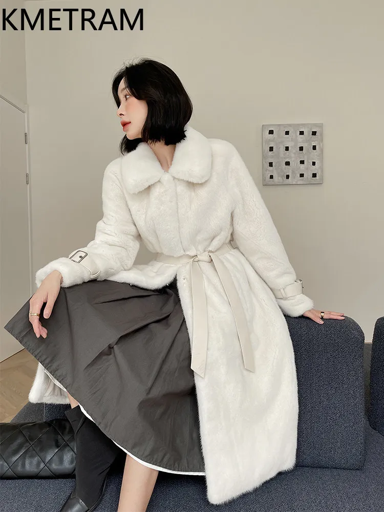 KMETRAM Real Purple Label Velvet Whole Mink Fur Coat Woman Winter Belted Fur Jacket Luxury Long Coats Women Clothing 108cm 2026