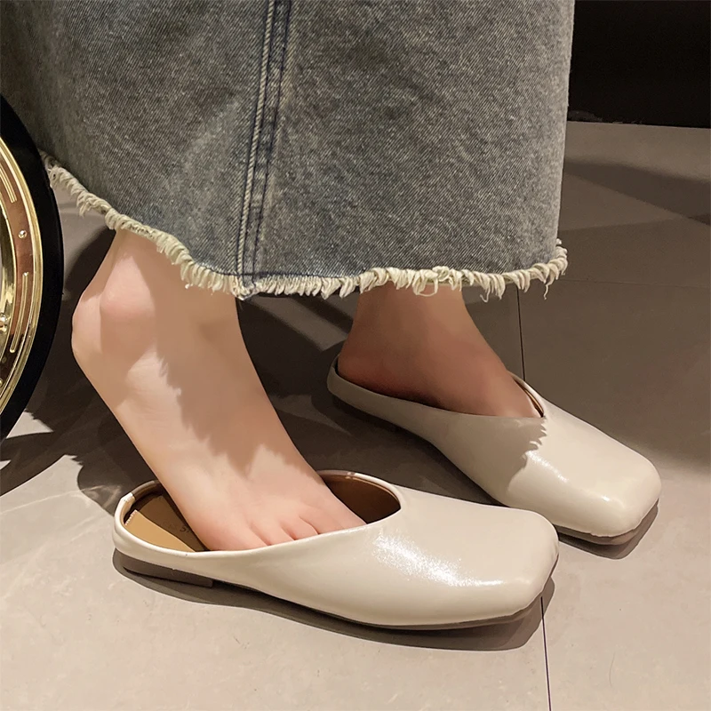 Square Toe Flats Mules Shoes Women Slippers Summer Slingback Sandals 2024 New Fashion Casual Flip Flops Zapatillas Female Slides