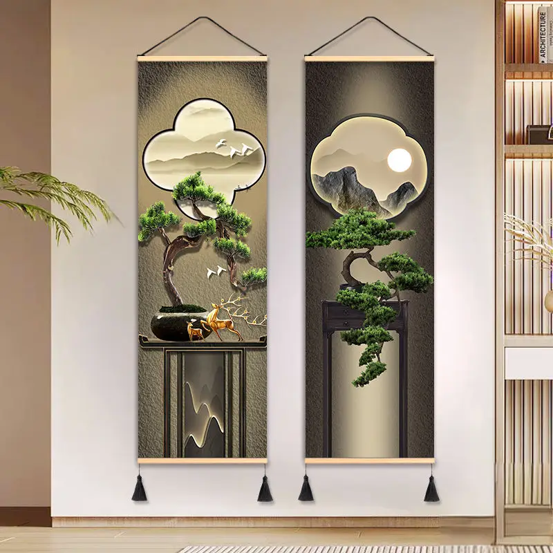 ​Modern Zen Pine Ink Tapestry Wall Hanging, Vertical Fabric Scroll Art for Corridor Living Room Deluxe Wall Decor​