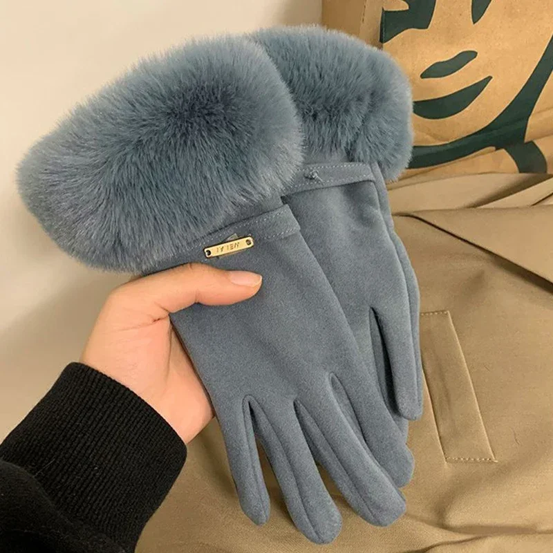 German Velvet Gloves Women Winter Padded Thickened Warm Split-finger Index Finger Flip FingerTouchscreen Stretch Riding Gloves